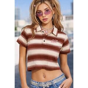 1087 Honor The Gift Polo Crop Top Small Brown Cream Striped Y2K Baby Tee